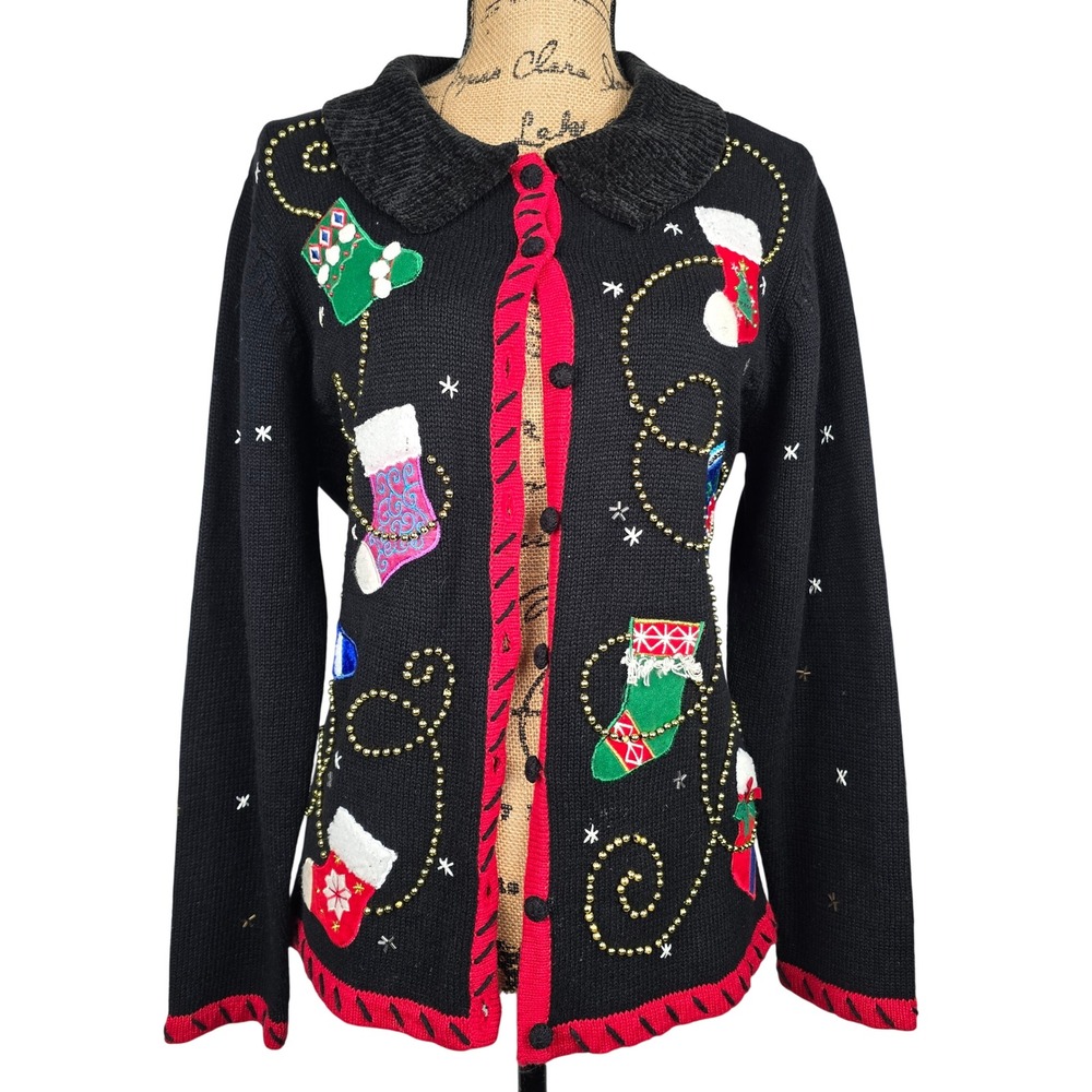 Basic Editions Holiday Christmas Stocking Beaded Cardigan‎ Sweater Black Medium